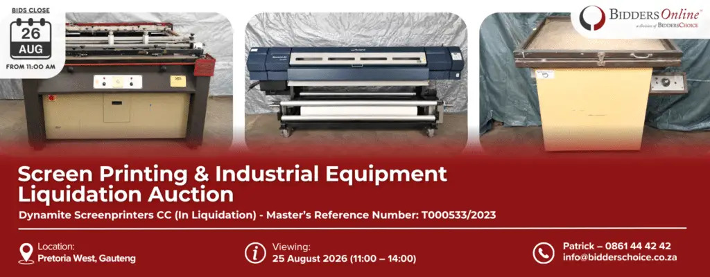 Banner ad for Bidders Online auction: three screen-printing machines on a stand, over a red gradient with the title 'Screen Printing & Industrial Equipment Liquidation Auction' and contact/location details.