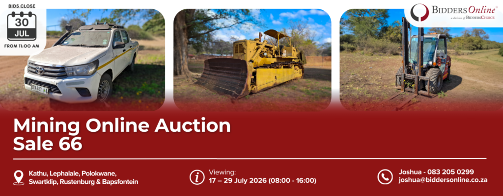 Banner for a Mining Online Auction Sale 66 by BiddersOnline, showing a white pickup, a yellow bulldozer, and a forklift on site with the company logo in the corner.