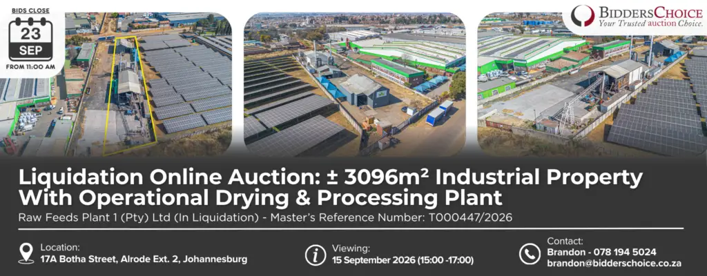 Banner for Bidder's Choice liquidation auction: aerial view of an industrial site with solar panels, logo and auction details overlaid behind a dark header text block.