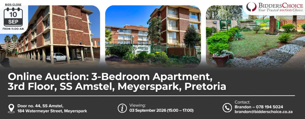 Banner for an online auction listing: three property photos with the Bidders Choice logo and the bold title about a 3-bedroom apartment in Meyerspark, Pretoria, displayed on a dark header.