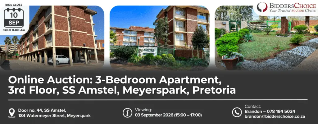 Banner for Bidder's Choice online auction: three building photos with the company logo in the corner, and the title listing a 3-bedroom apartment in Meyerspark, Pretoria.